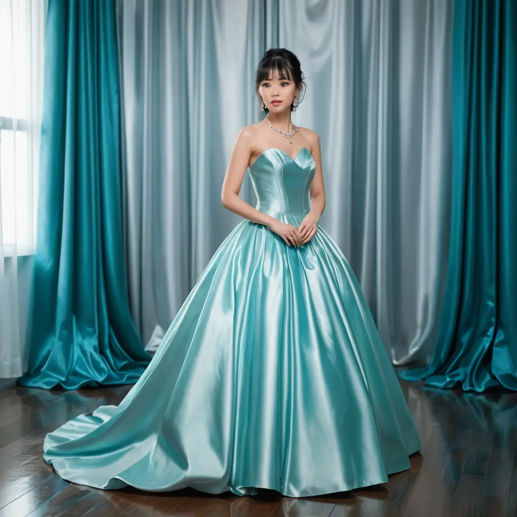 Elegant Japanese girl in glossy turquoise satin ballgown