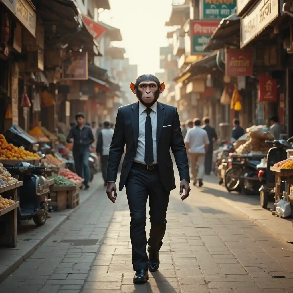 Anthropomorphic monkey in a suit walking through Indian market