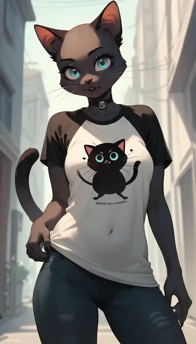 Ragazza gatto nera antropomorfa con T‑shirt e pantaloni casual
