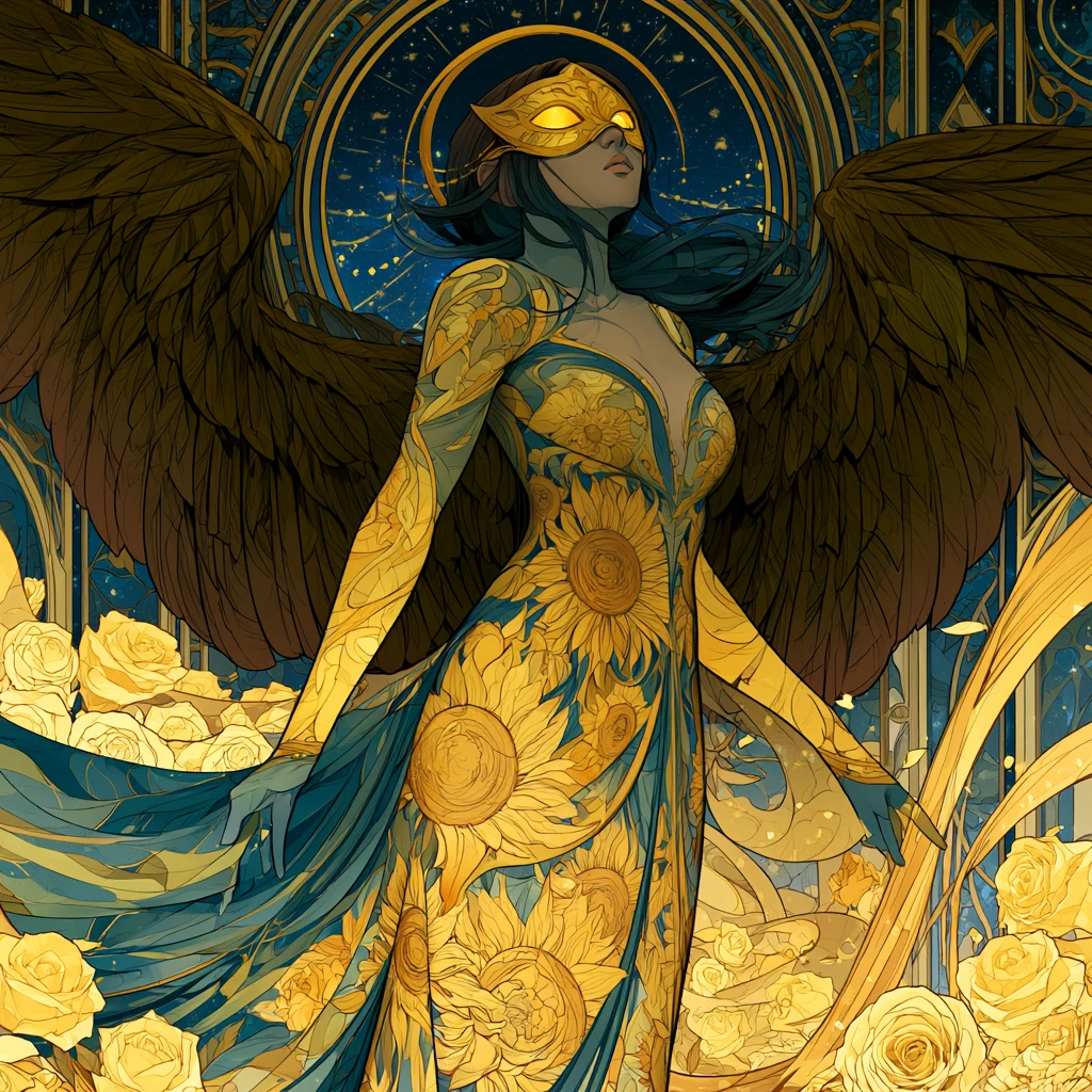 Mujer ángel art nouveau en un salón de baile celestial
