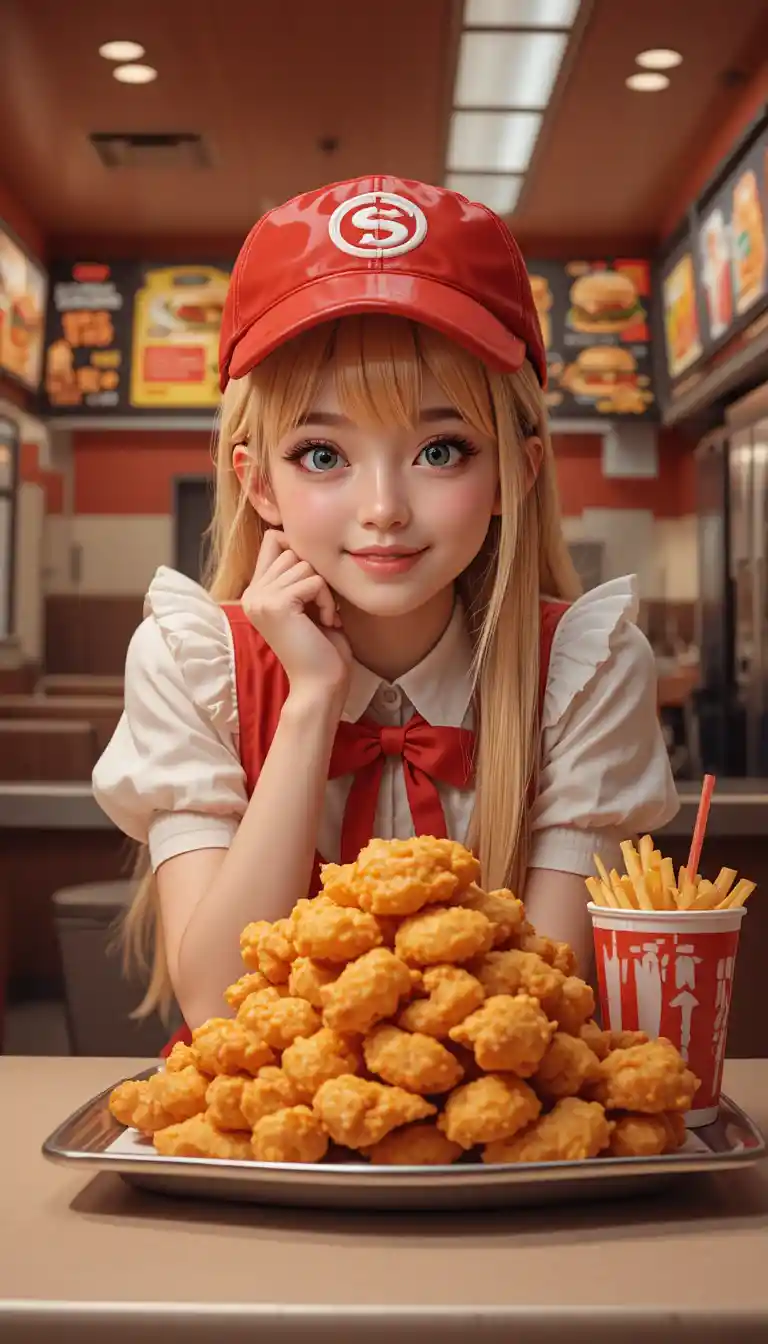 Smiling anime server with fried chicken at fast food counter