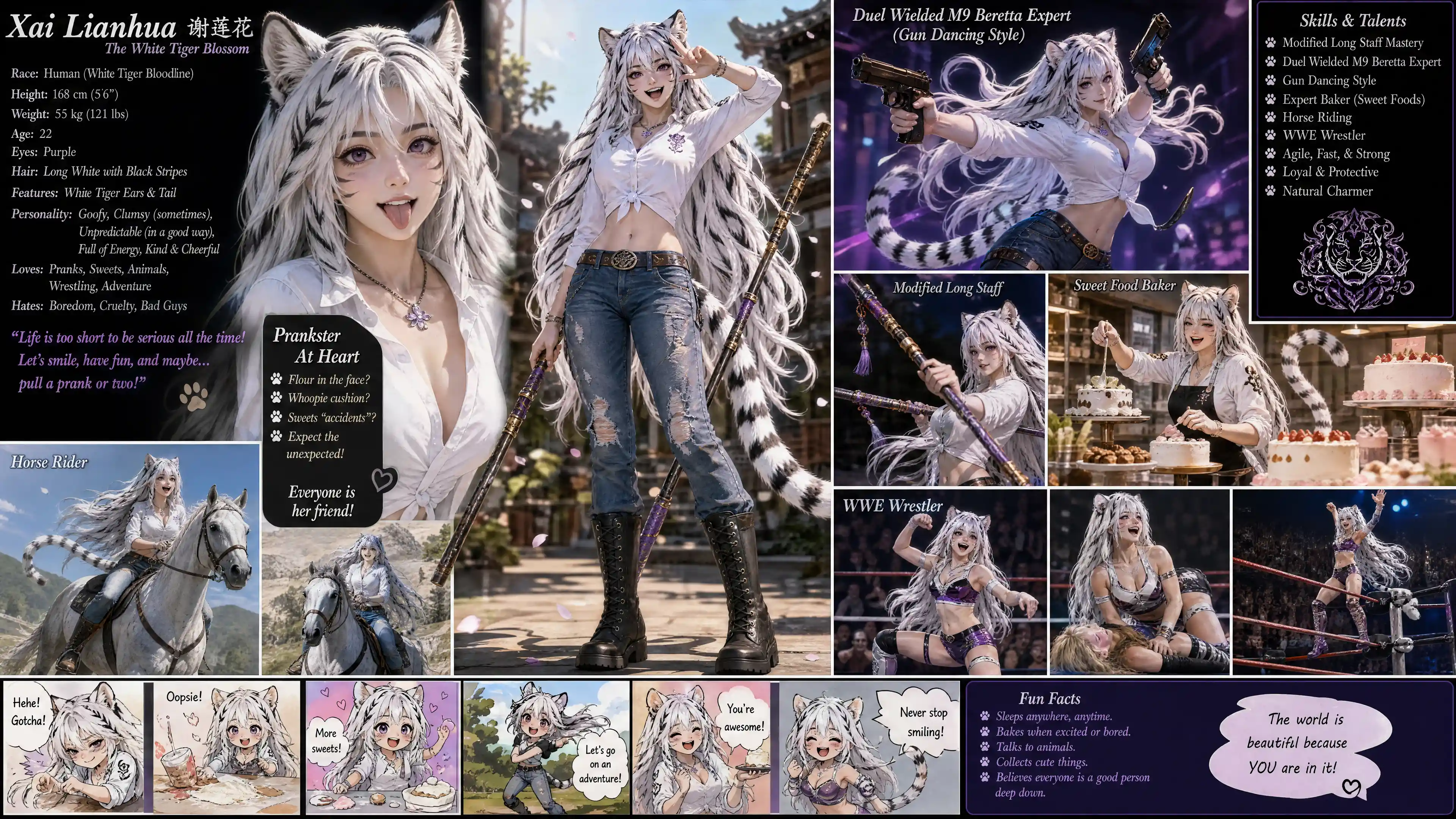 Energetic white tiger girl with long striped hair