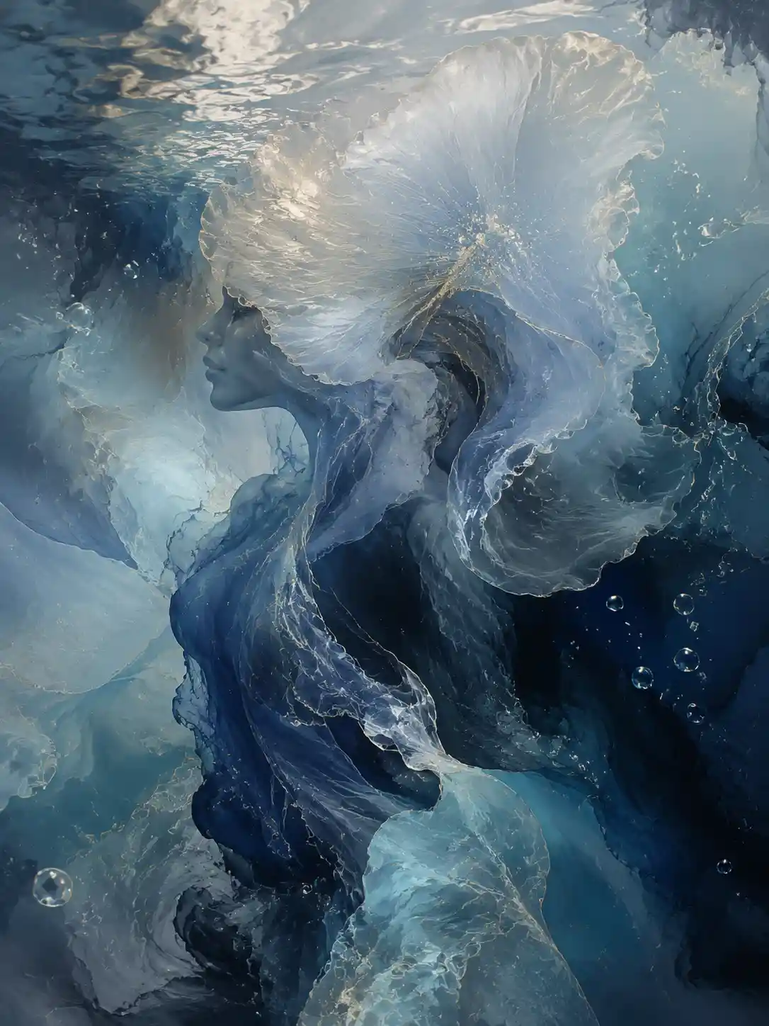 Abstract liquid forms with luminous flowing reflections