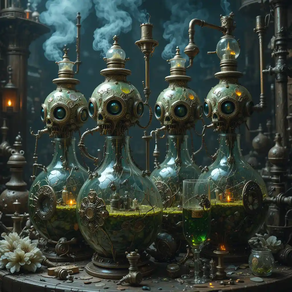 Surreal absinthe creatures in a mechanical dreamscape
