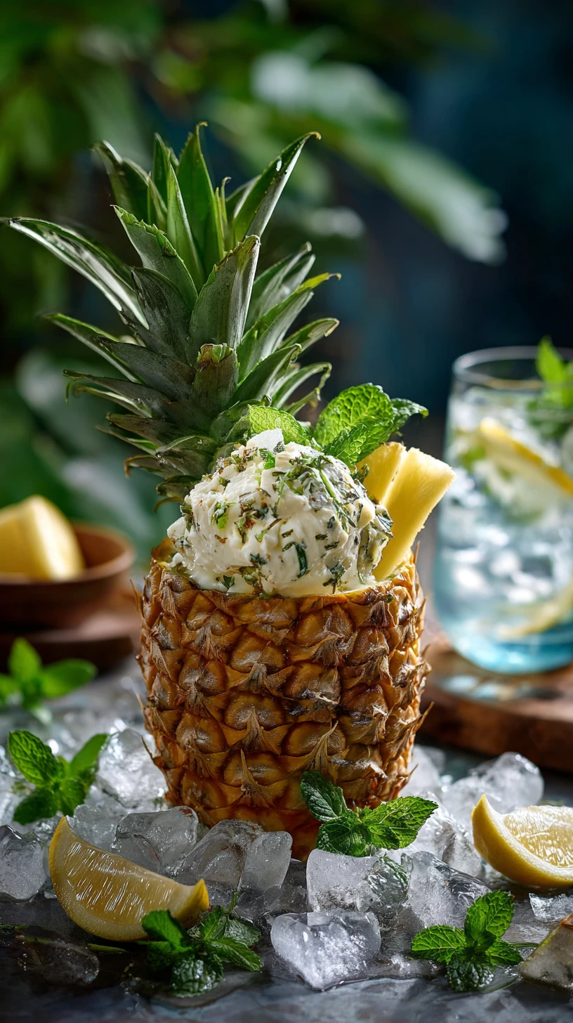 Glace aux fruits dans un ananas avec soda en décor forestier