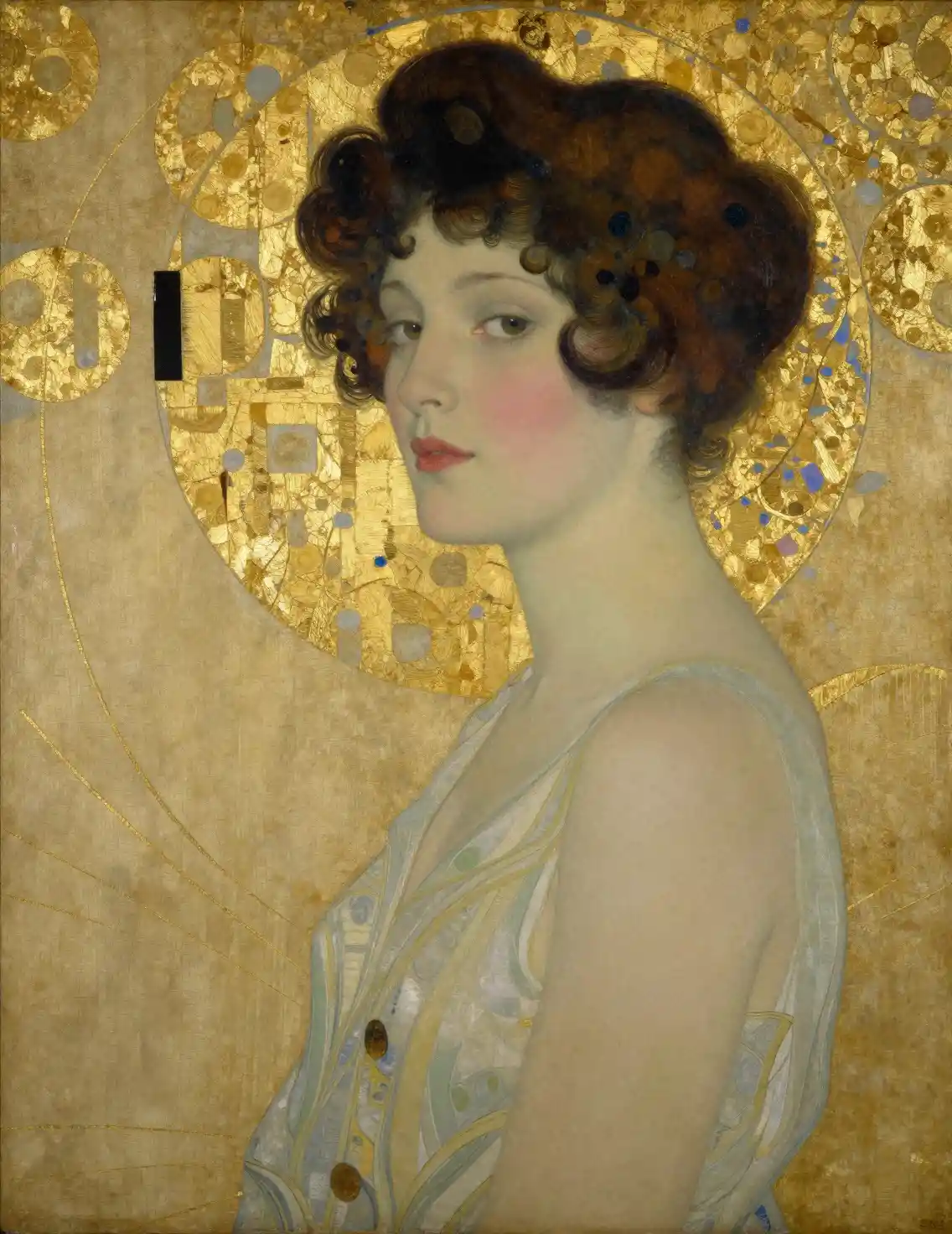 Elegant 1920s woman in profile with golden art nouveau pattern