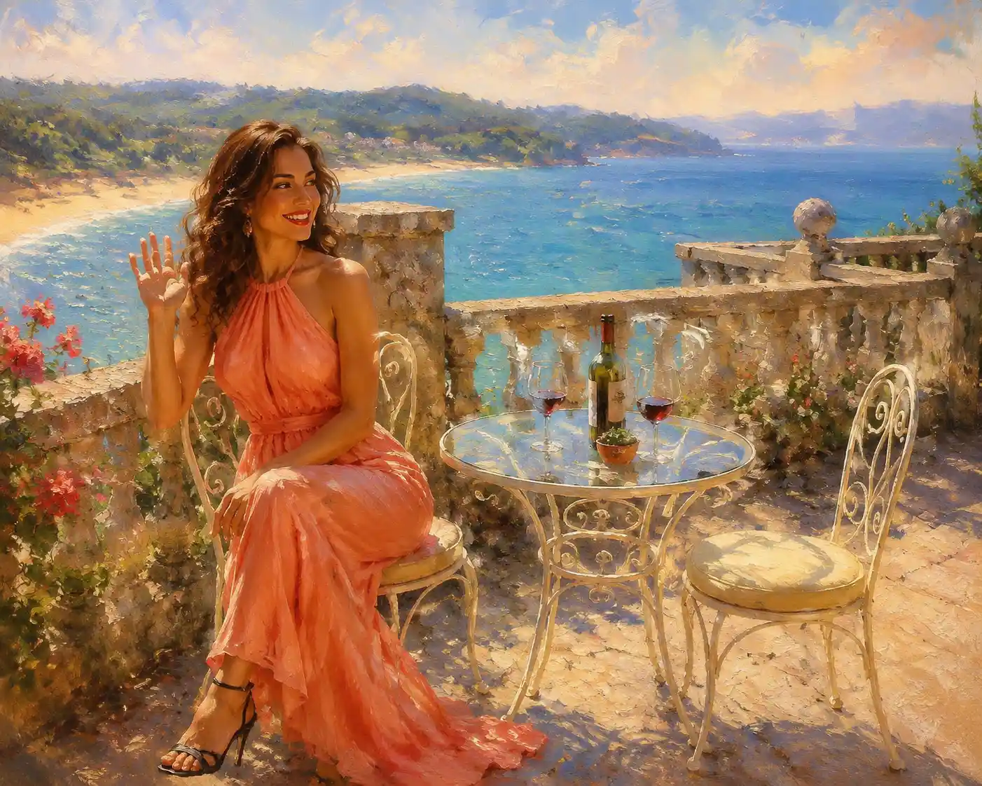 Woman in coral dress waving while seated on a chair