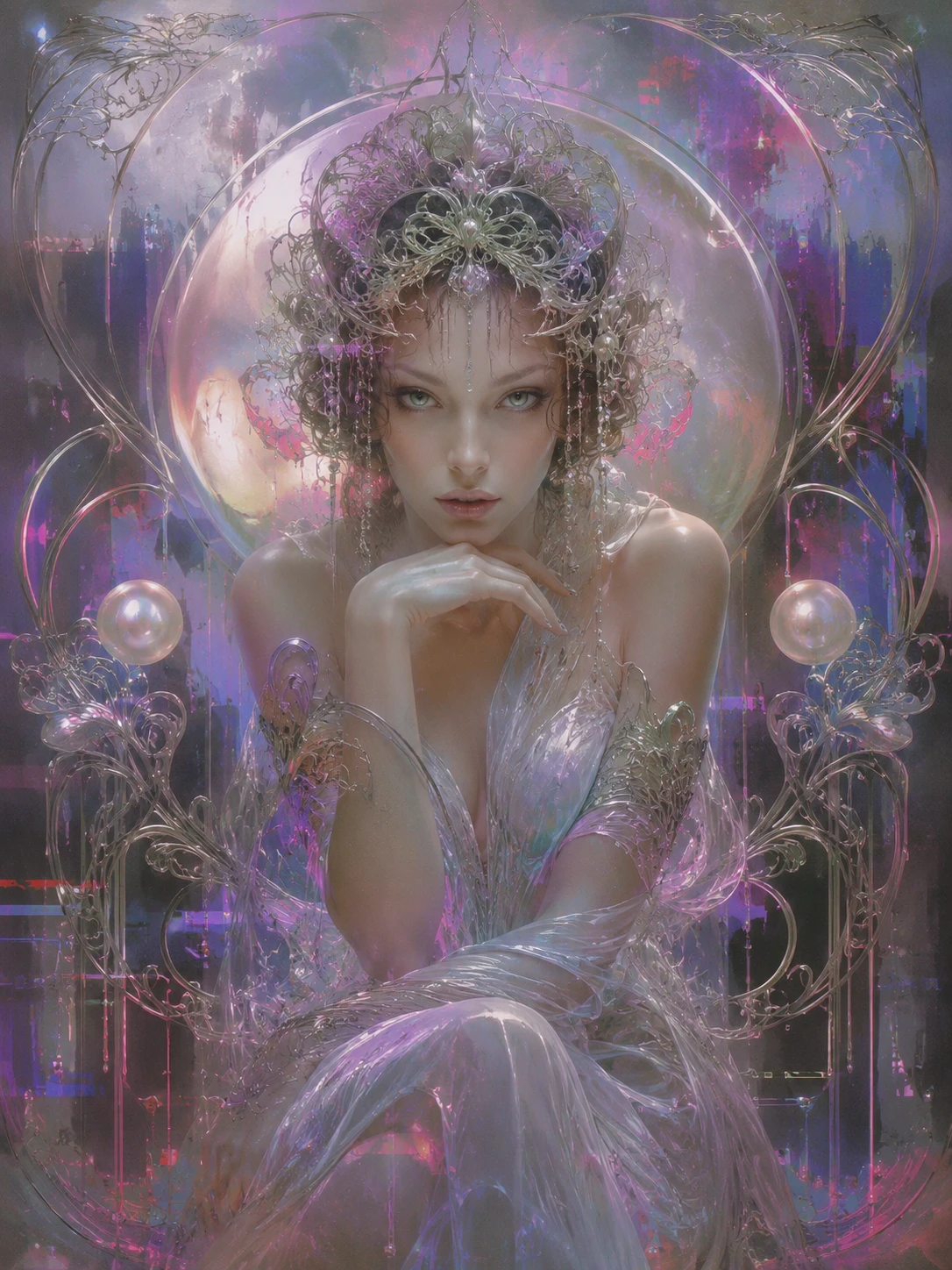 Surreal neon portrait of a poised lady facing the camera