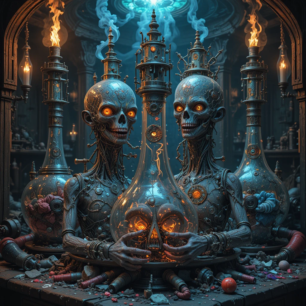 Steampunk dream creatures formed from surreal alchemical machinery
