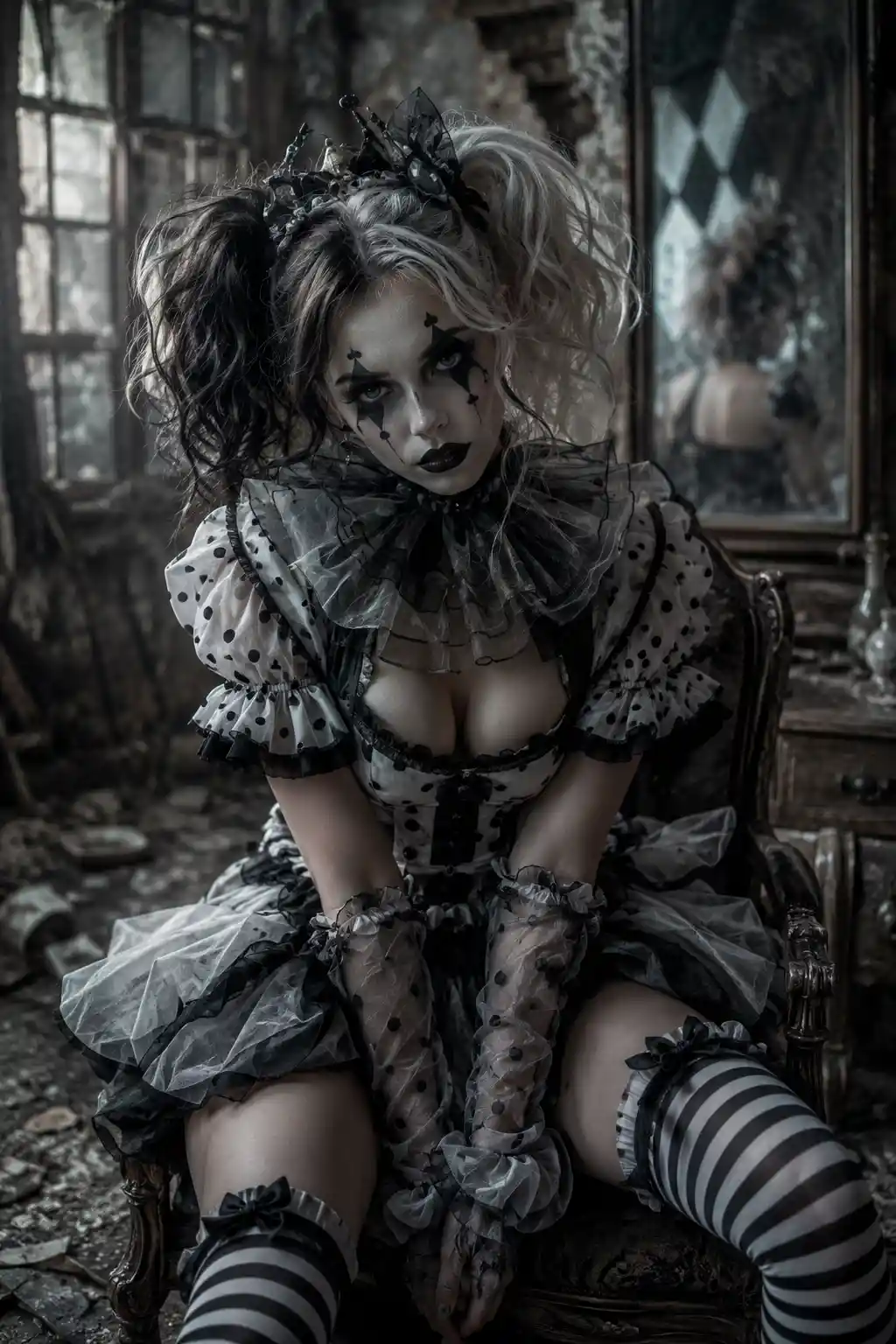 Gothic harlequin woman in an abandoned cinematic room