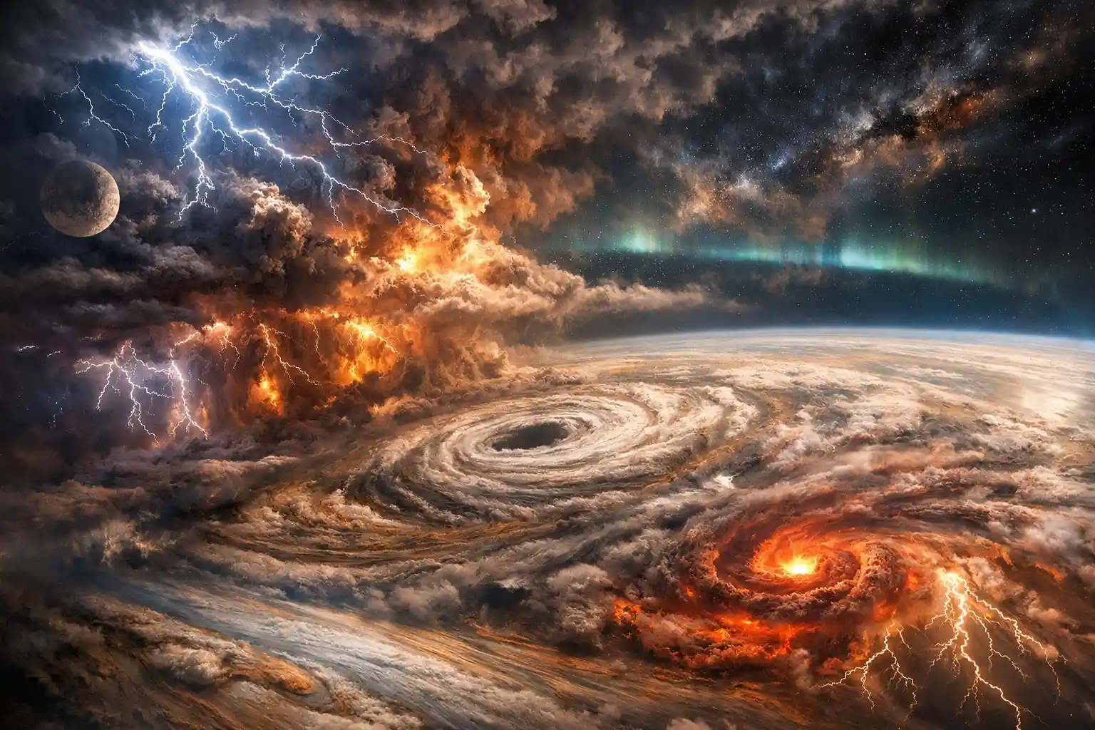 Dramatic celestial storms swirling across vivid cosmic space