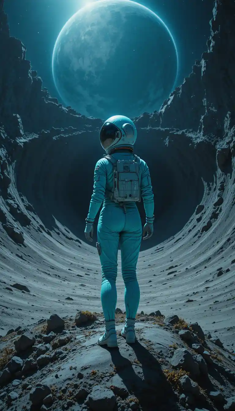 Woman in turquoise spacesuit at the edge of a moon crater