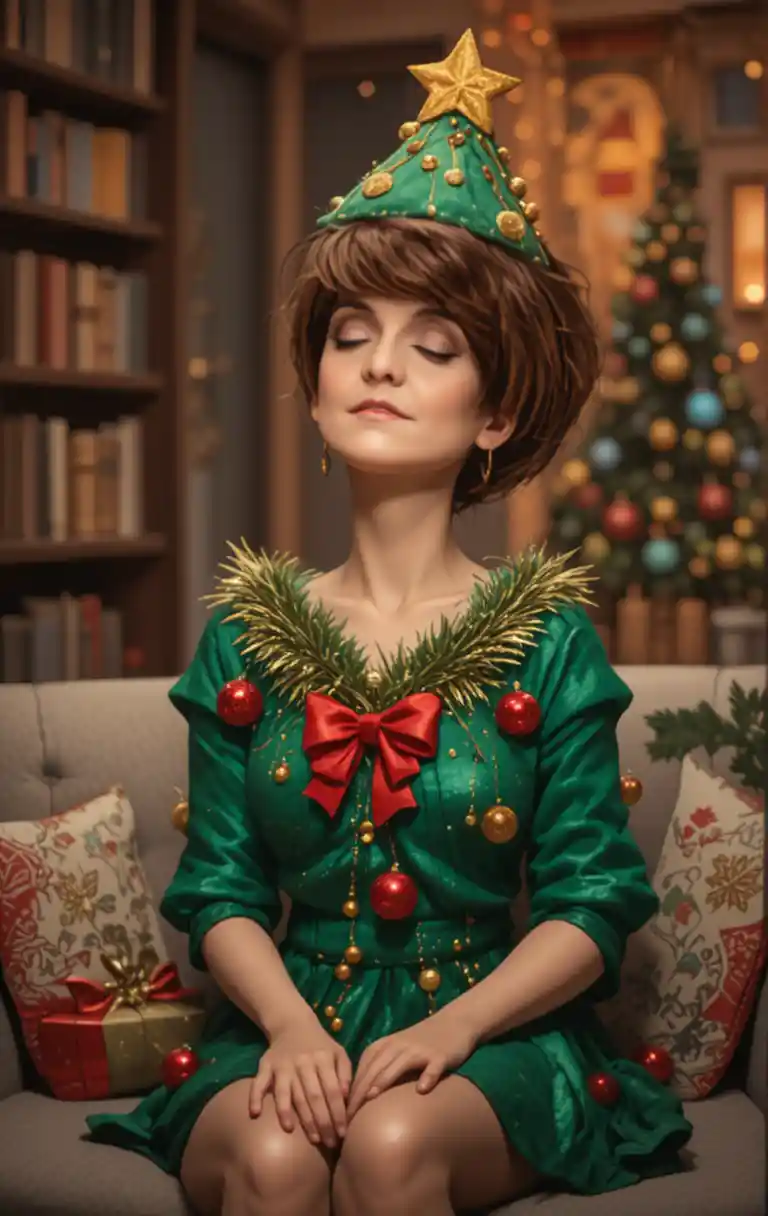 Smiling girl in Christmas tree costume on cozy couch