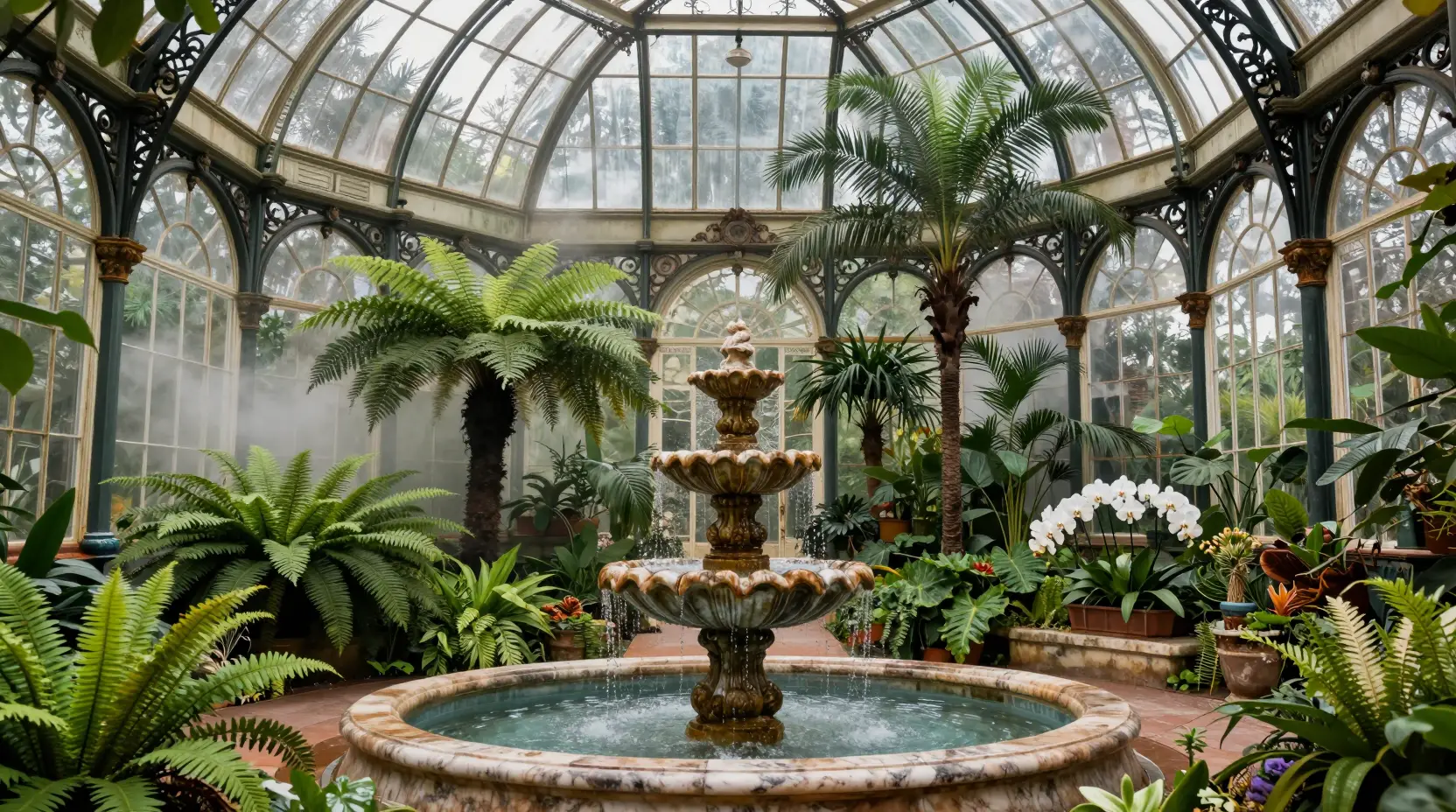 Victorian conservatory with exotic plants and marble fountains