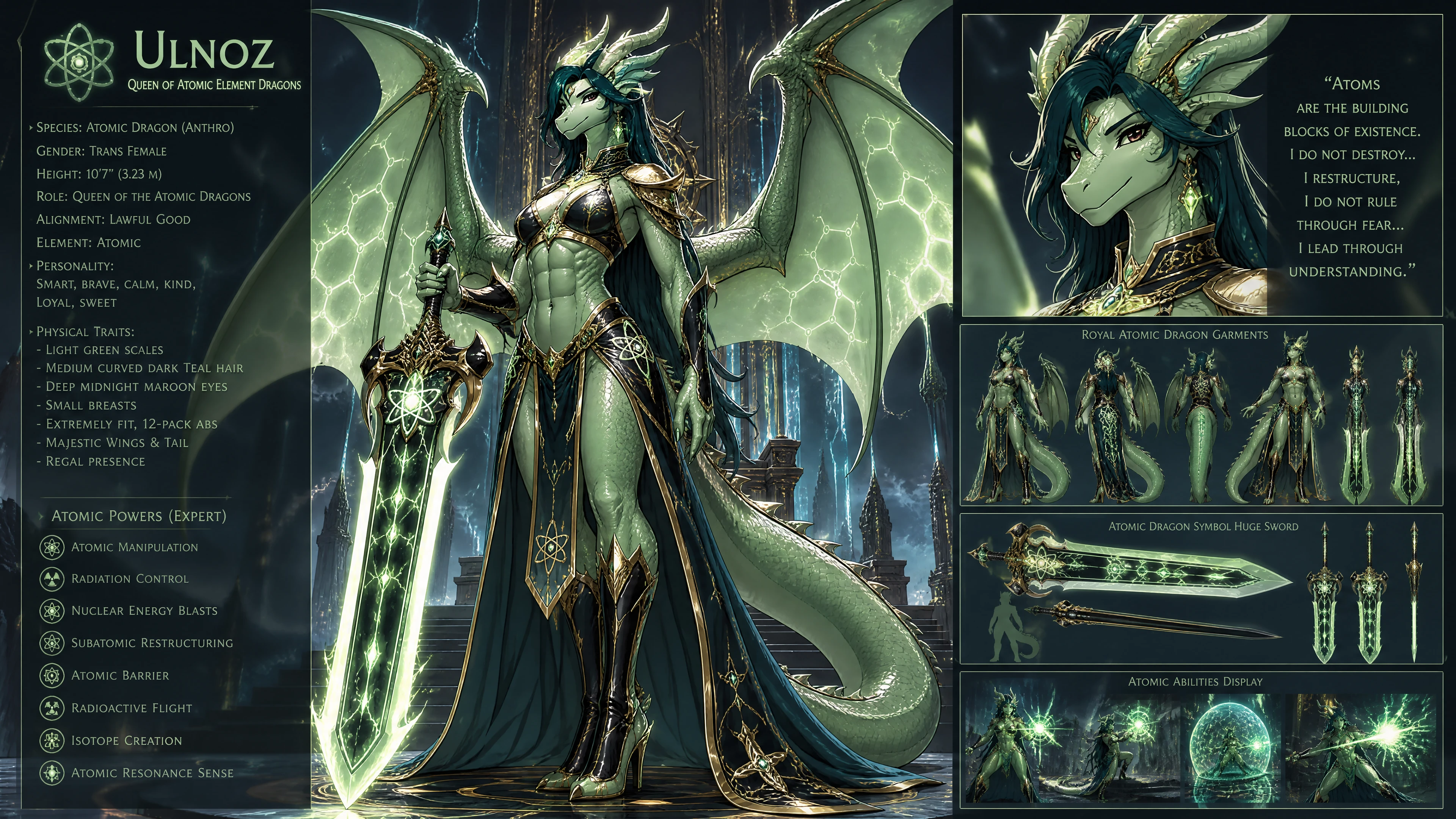 Winged dragon queen with sword and royal atomic regalia