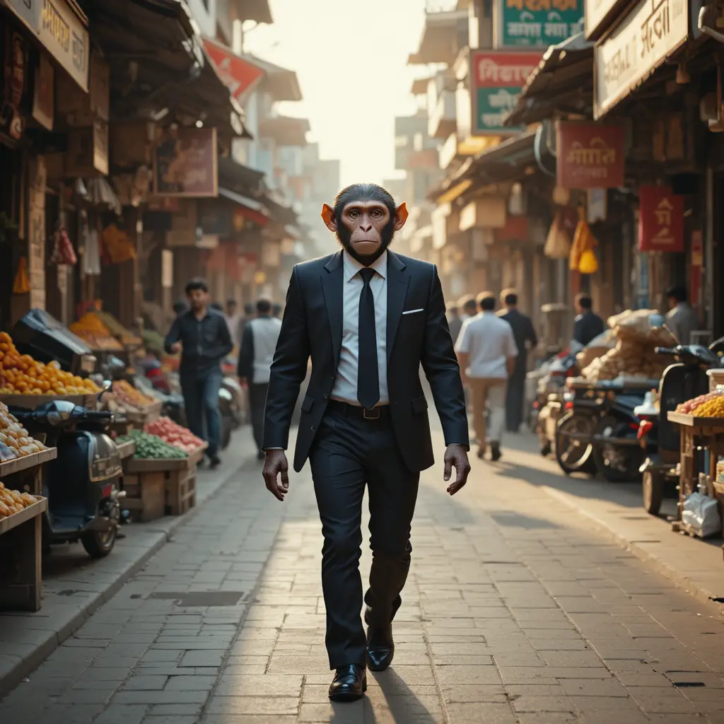 Singe anthropomorphe en costume marchant dans un marché indien