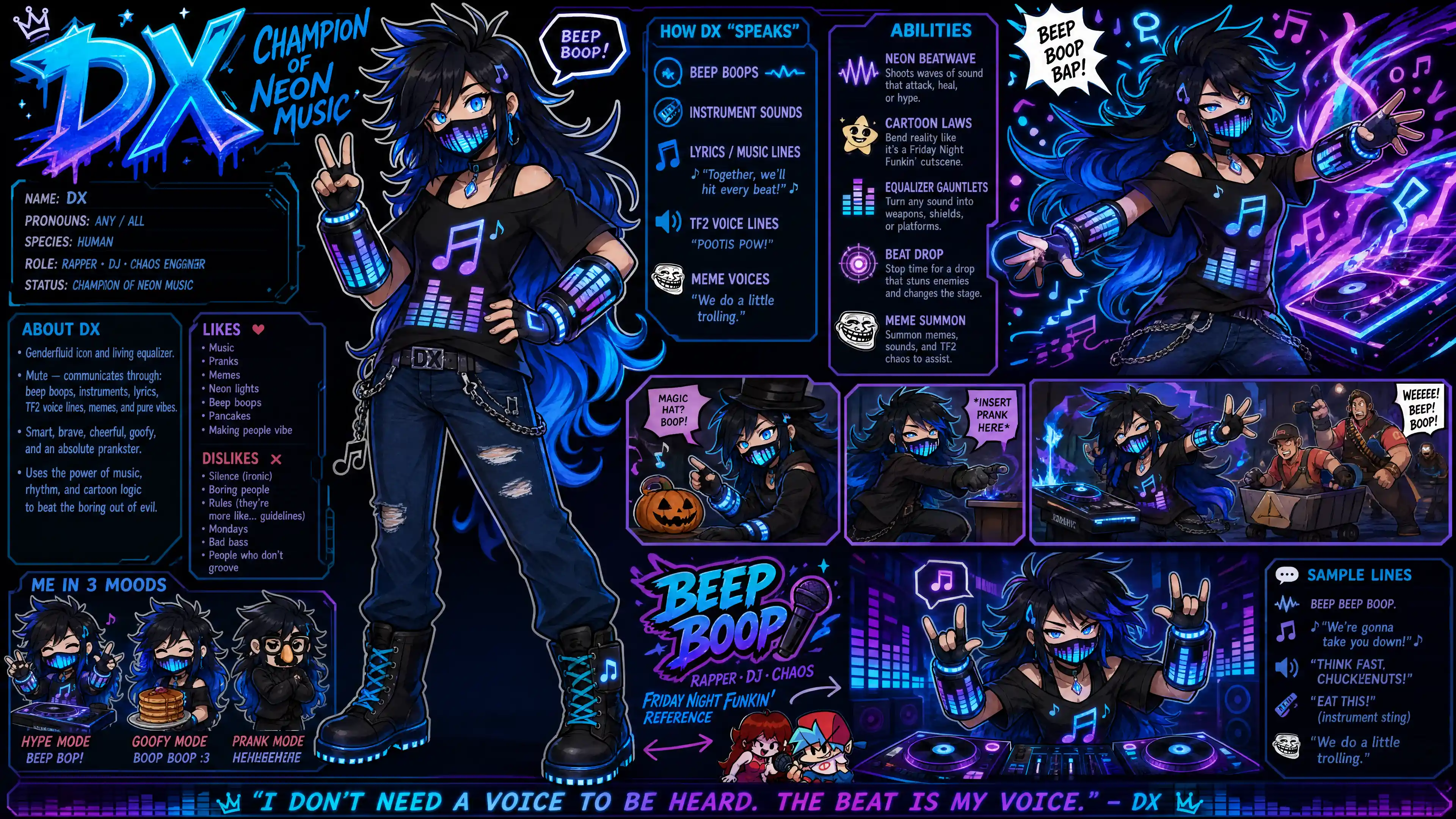 Anime DJ woman with neon music mask and gauntlets