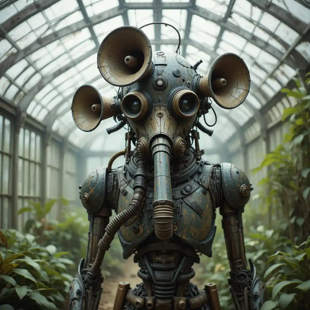 Surreal horned machine creature staring inside abandoned greenhouse