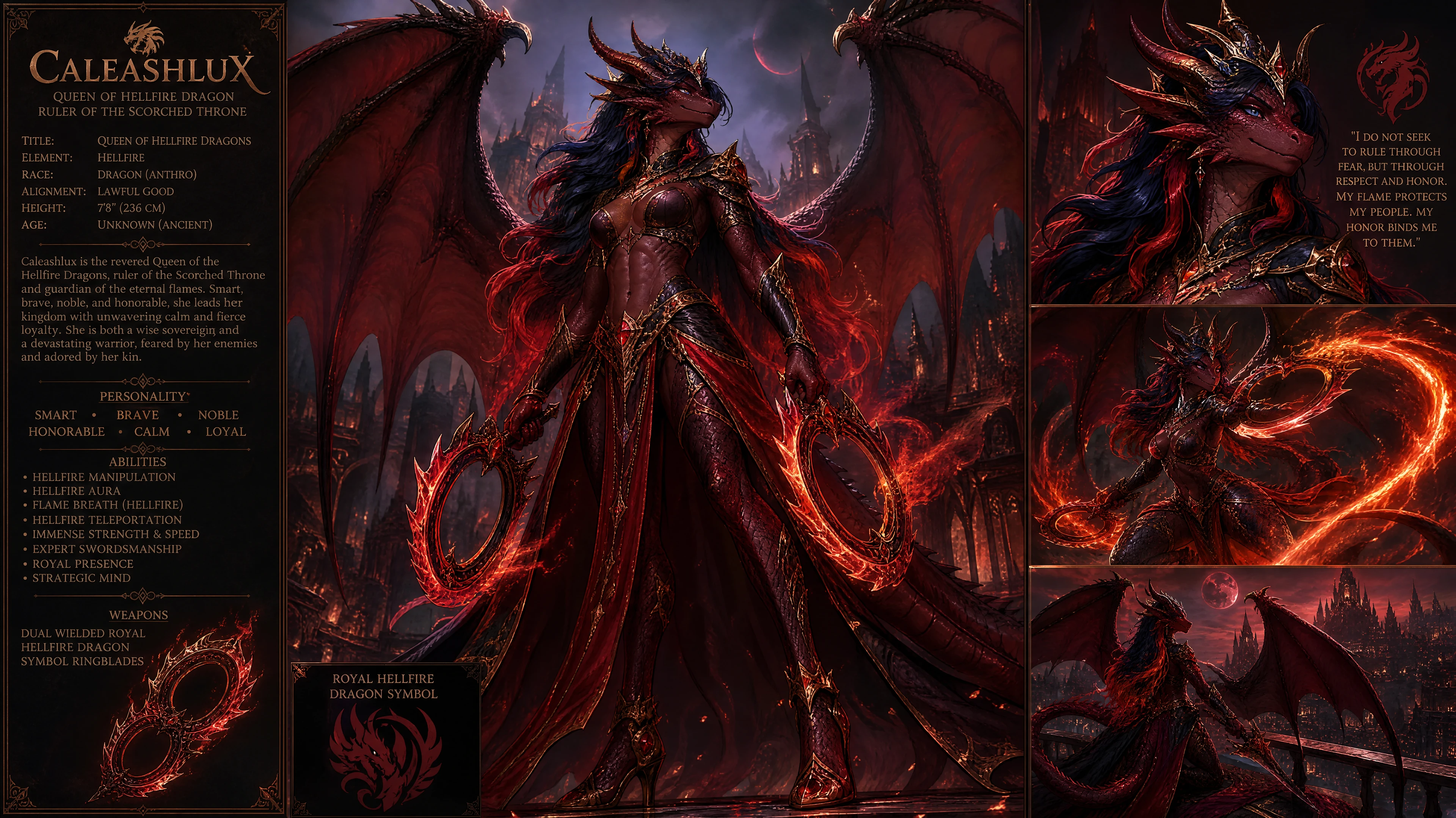 Winged dragon queen wielding flaming ringblades in hell