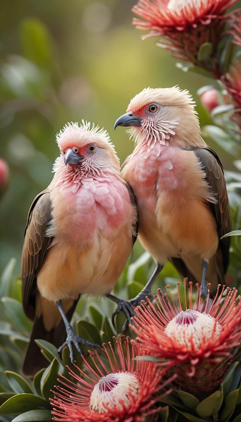 Colorful crested birds among giant pink protea flowers