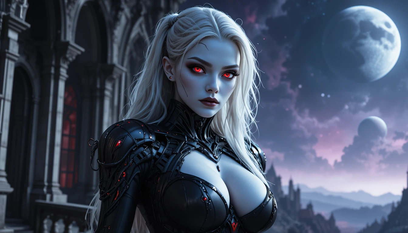 Alien vampire princess on a gothic balcony at night