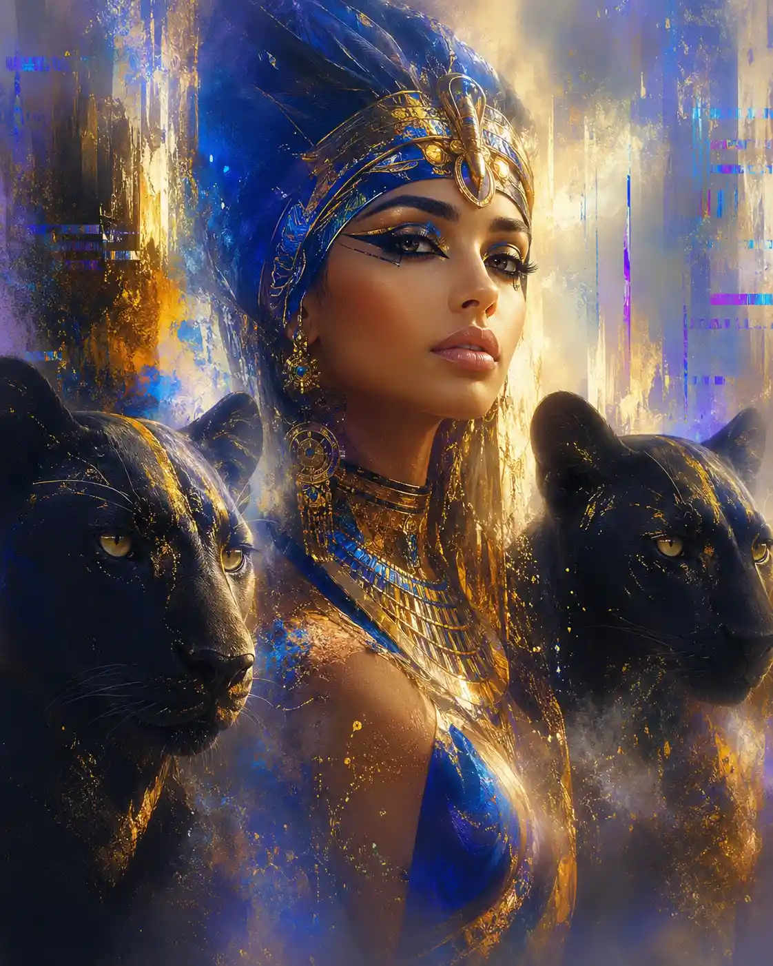Egyptian goddess like woman with two black panthers