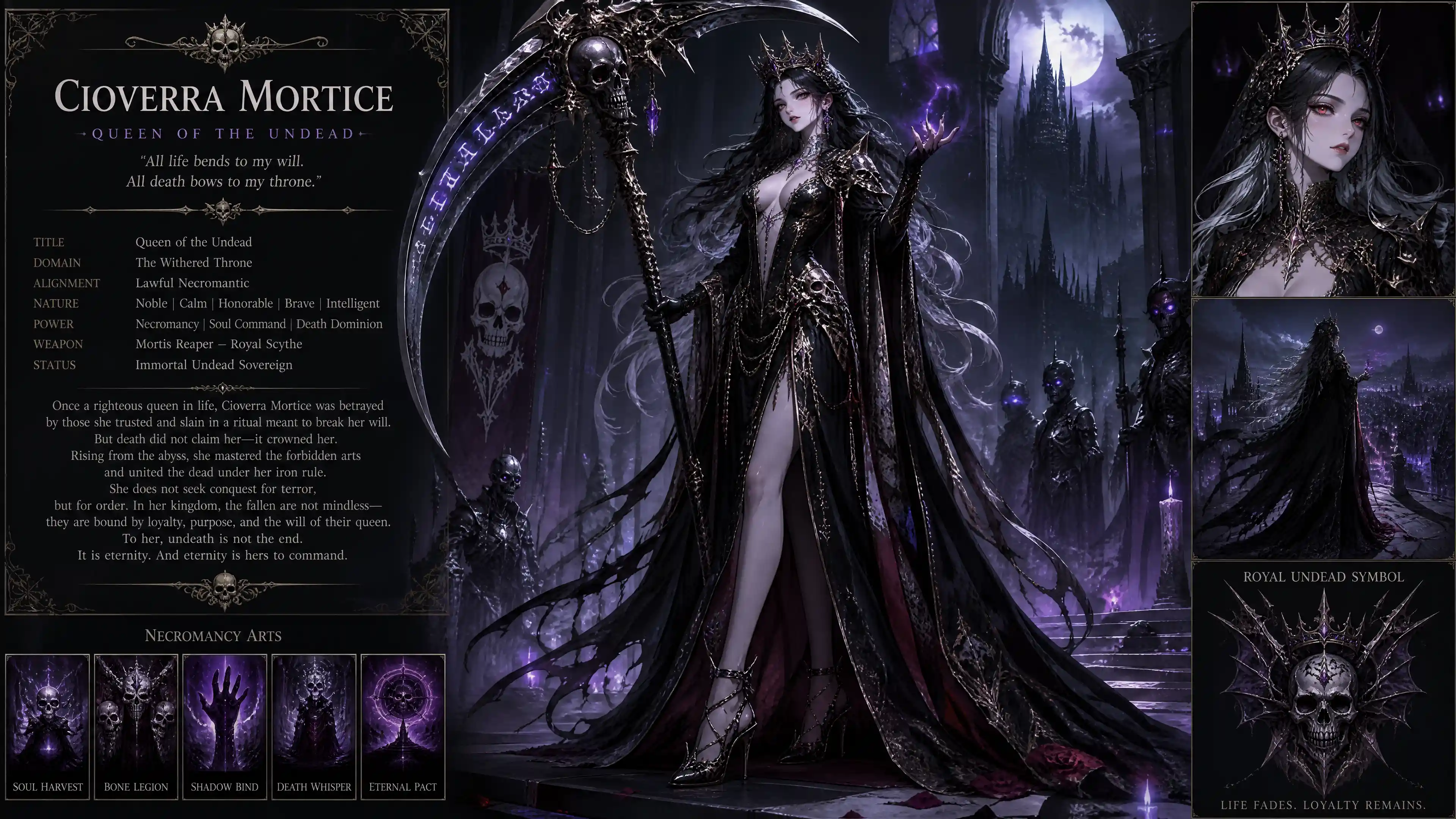 Undead queen with scythe and glowing necromancy magic