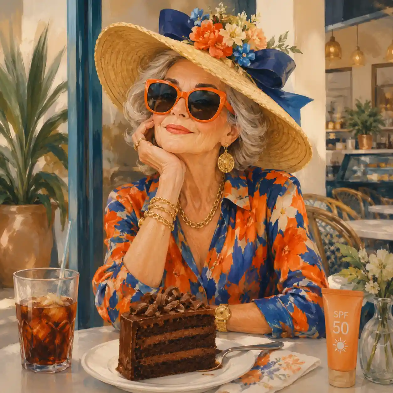 Stylish older woman in cafe with chocolate cake