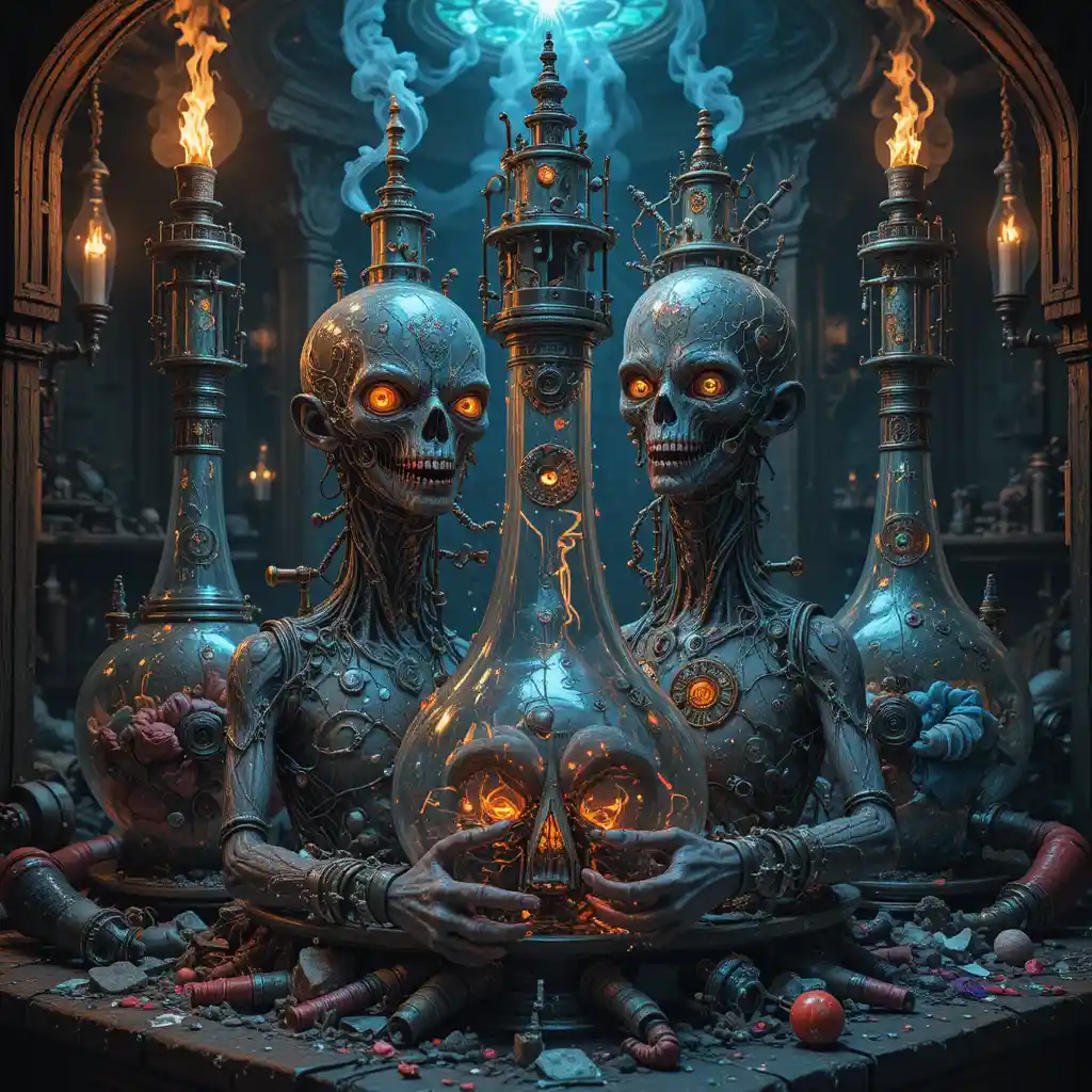 Steampunk dream creatures formed from surreal alchemical machinery