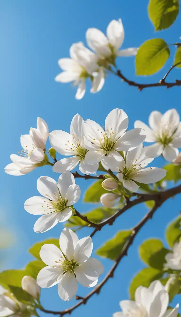 Blue and white flowers seen from below against clear sky