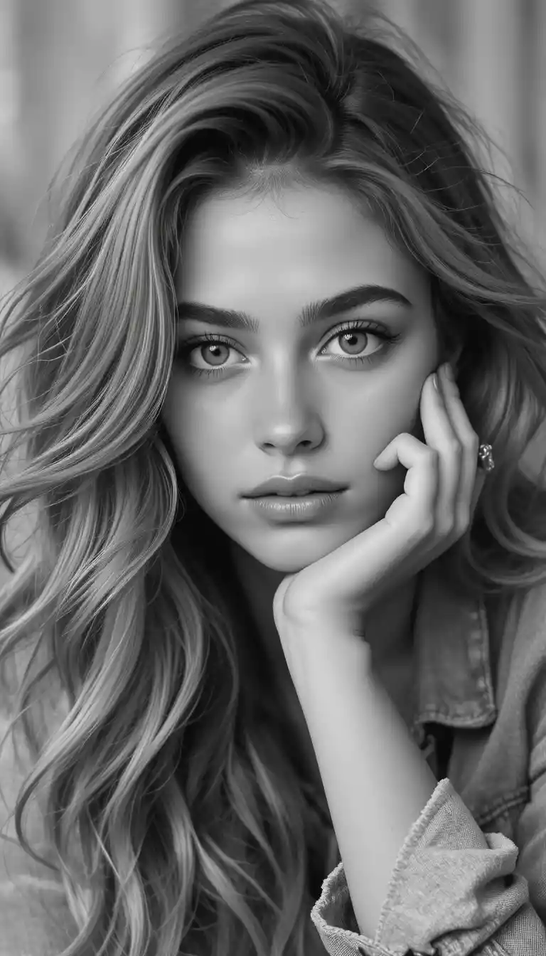 Black and white close up portrait of a serene woman