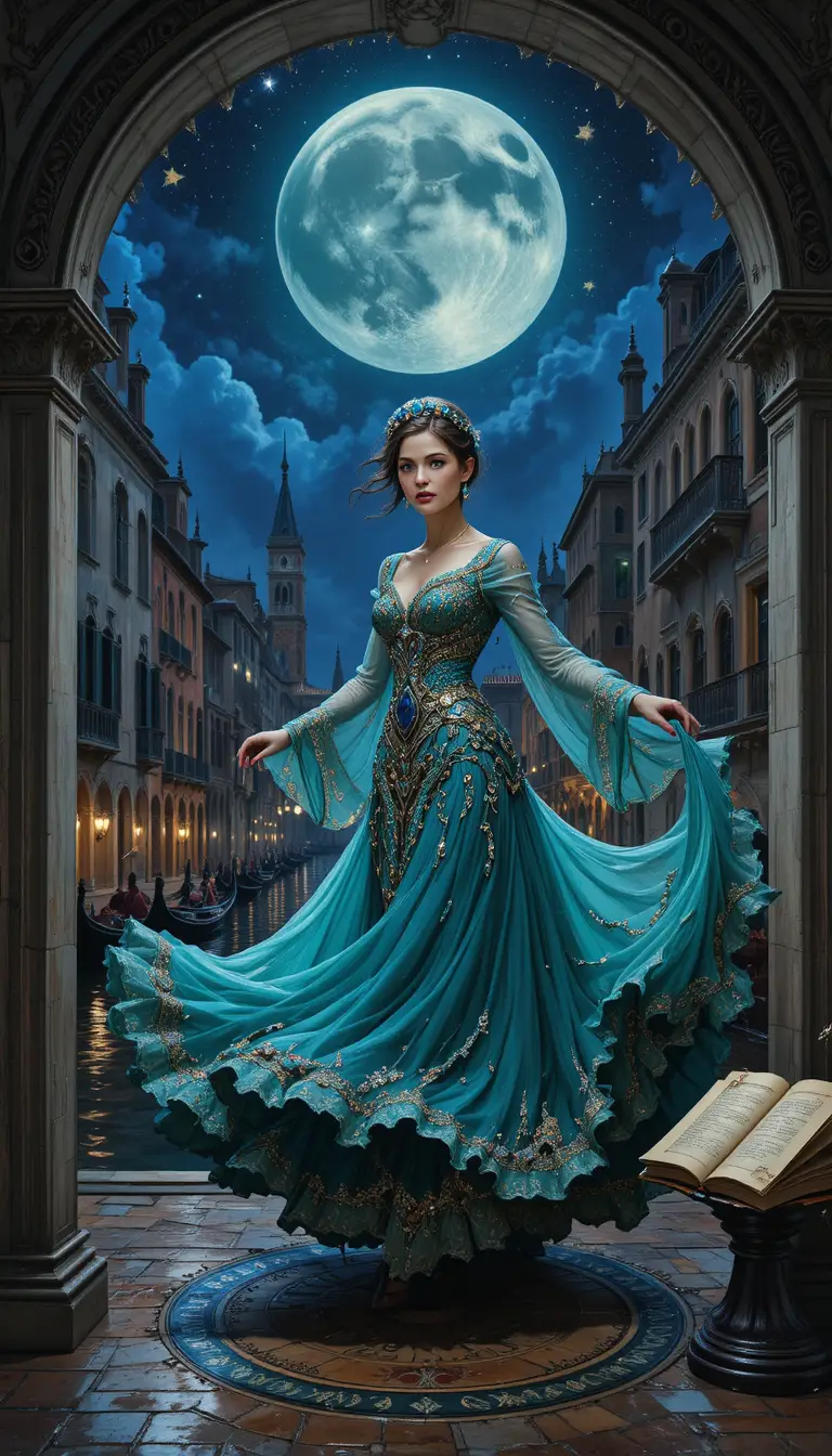 Dancing woman in jeweled robes by a moonlit canal