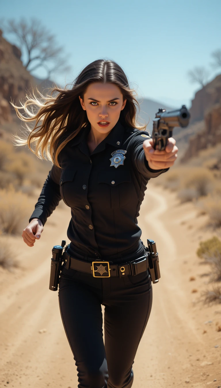 Angry woman deputy sprinting with revolver in desert canyon