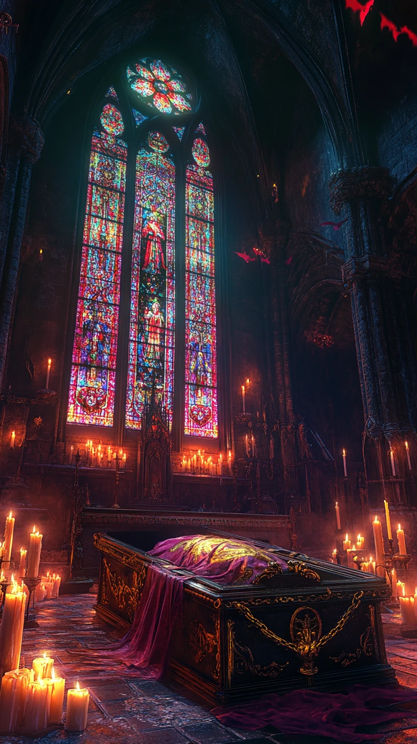 Gothic cathedral interior with chained coffin and sleeping girl