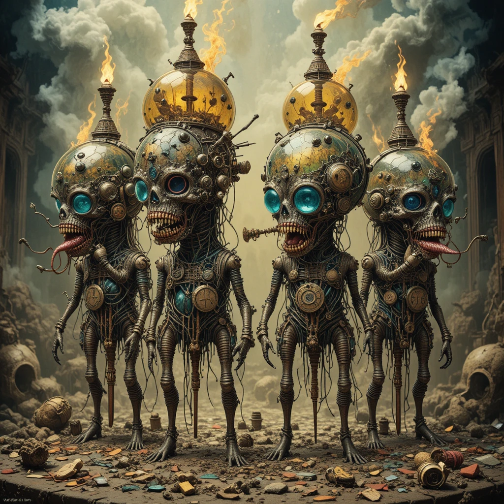 Nightmarish fantasy creatures in a surreal mechanical dreamscape