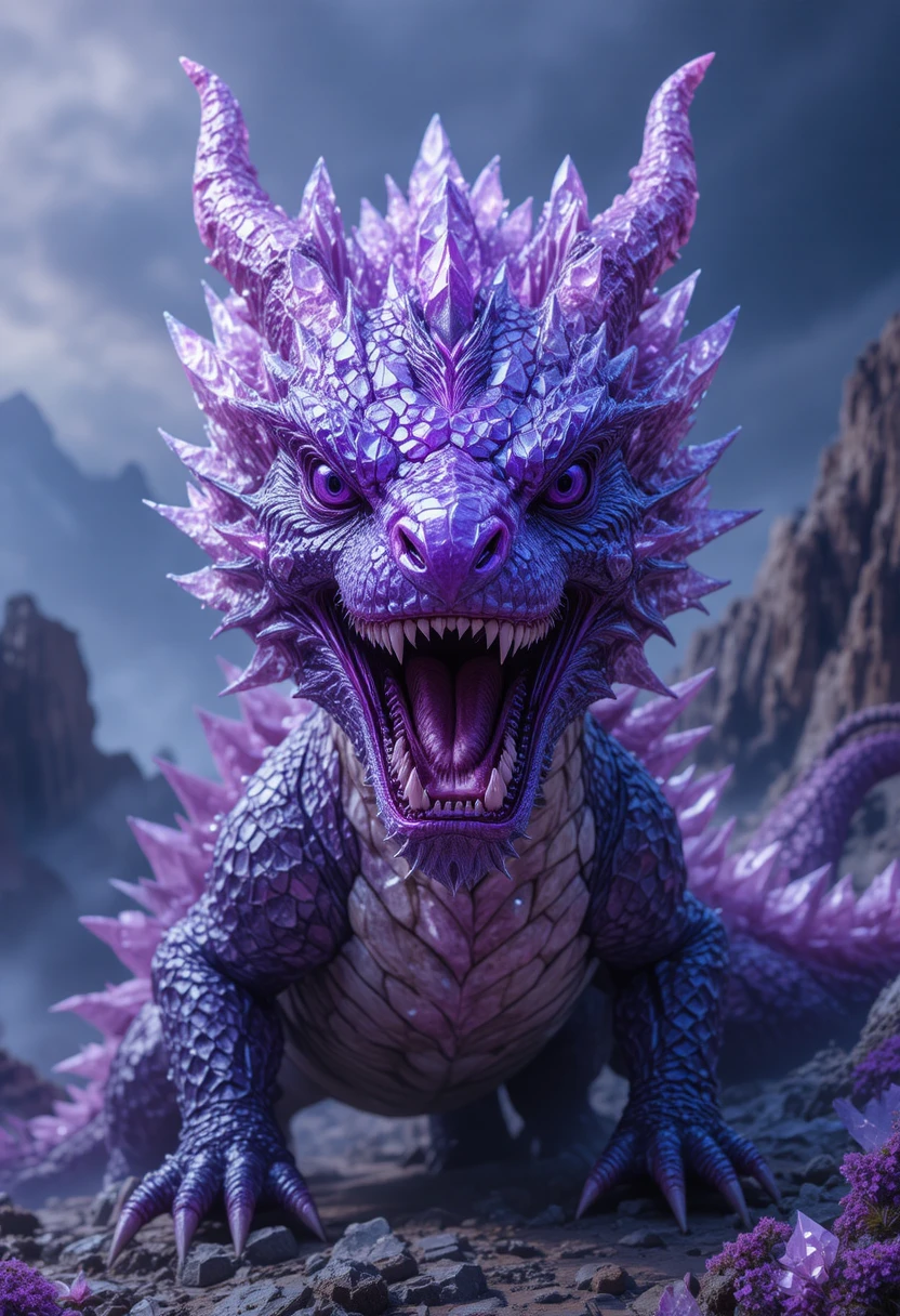 Roaring Crystal Purple Dragon On Jagged Mountain Slope