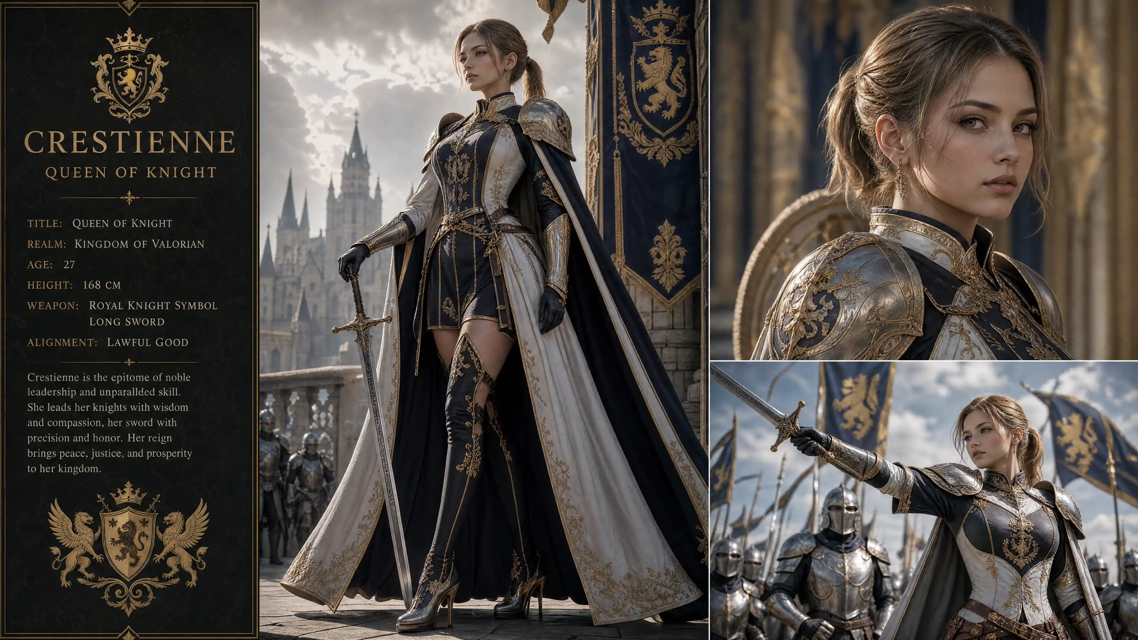Noble warrior queen with sword in royal knight armor