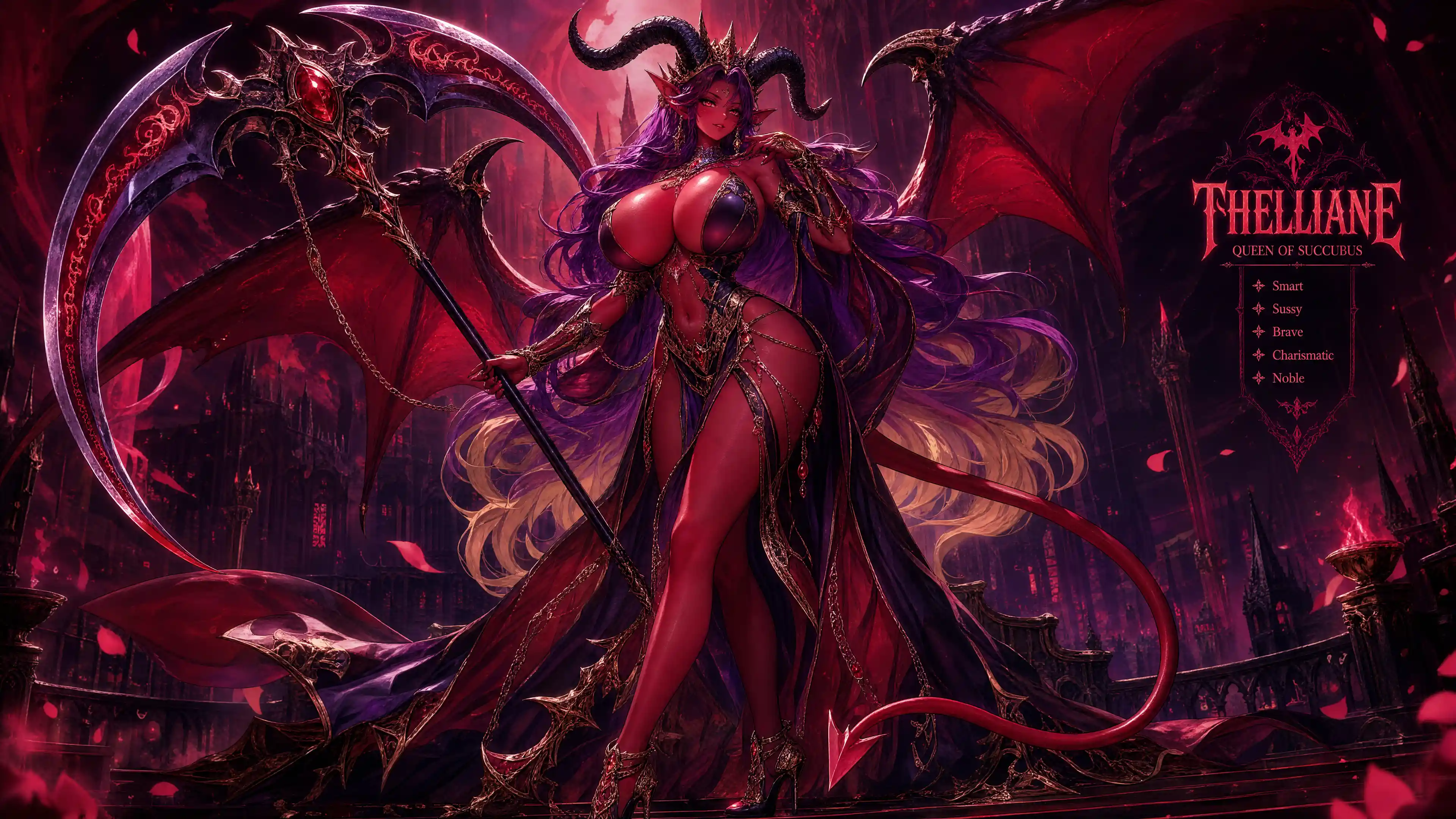 Demonic succubus queen with horns wings and scythe