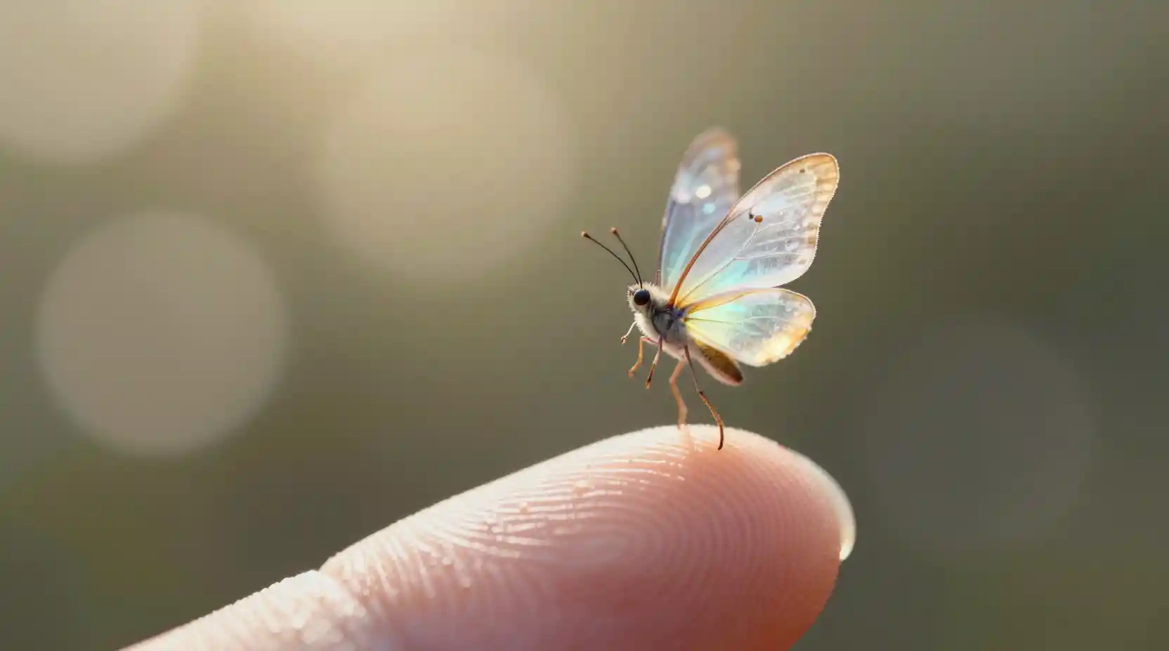 Tiny glowing fairy standing on a human thumb