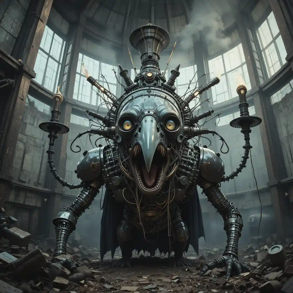 Surreal terror machine creature inside an abandoned water tower