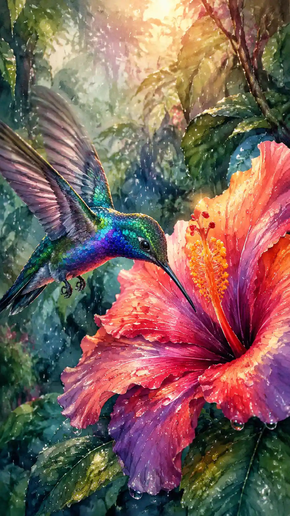 Colorful hummingbird sipping hibiscus nectar in rainforest rain