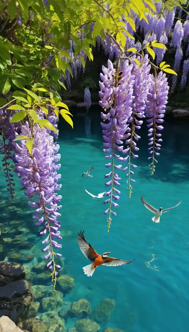 Bunte Vögel am klaren blauen Wasser im strahlenden Sonnenlicht