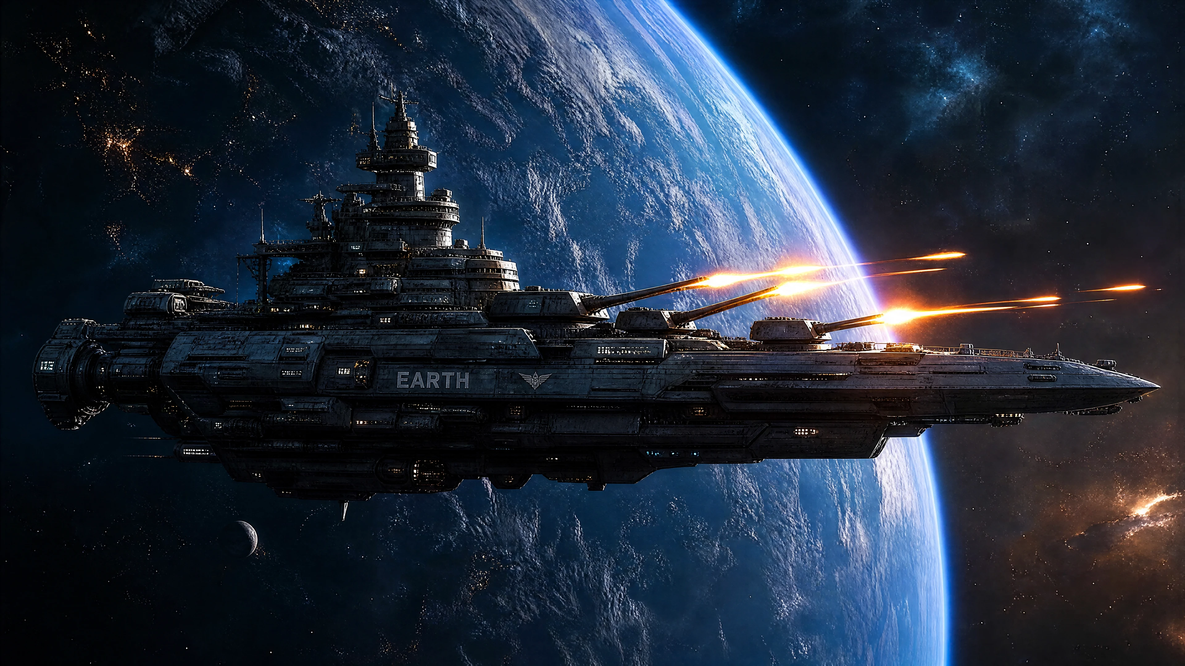 Futuristic battleship spaceship firing across deep space