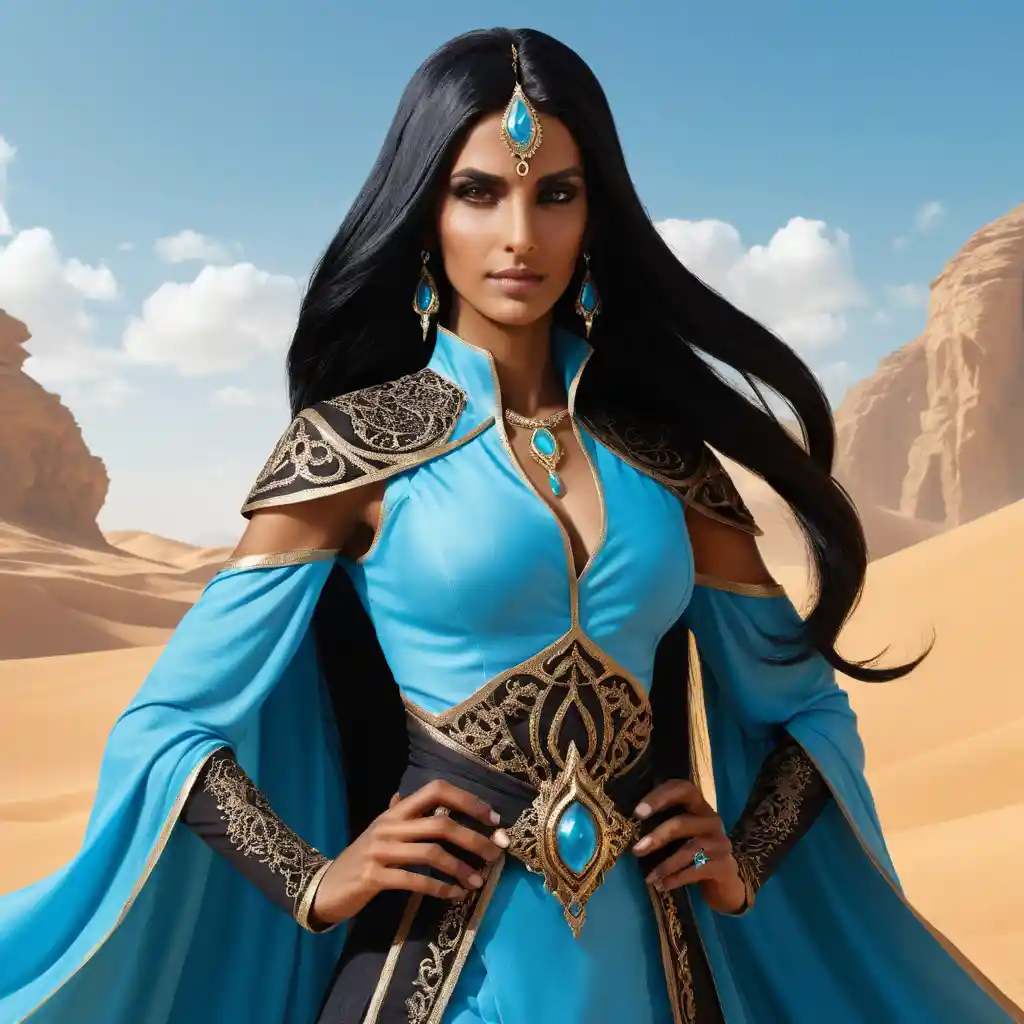 Mystical arabian warlock woman in sky blue genie attire