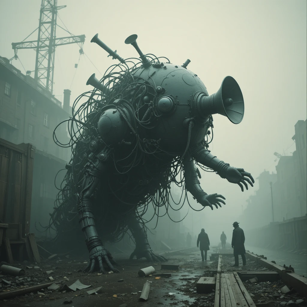 Surreal machine creature lurching in abandoned canal wharf