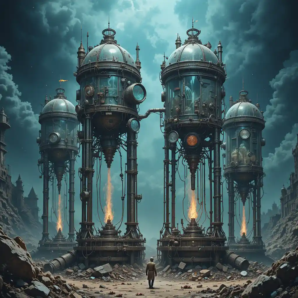 Surreal glass headed fantasy creatures in a mechanical dreamscape