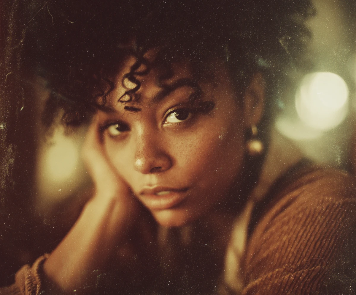 Unconventional angelic portrait in warm earthy analog style