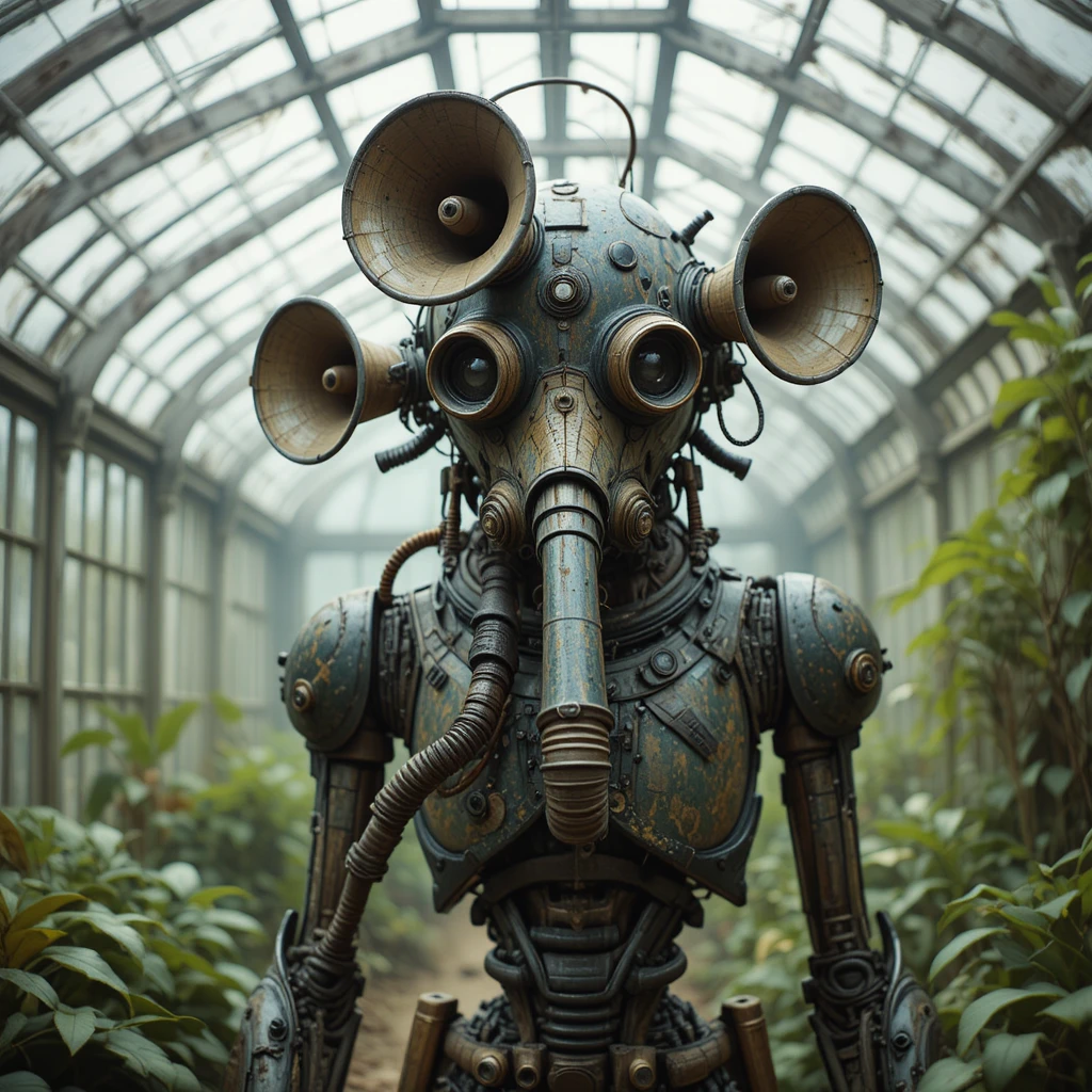 Surreal horned machine creature staring inside abandoned greenhouse