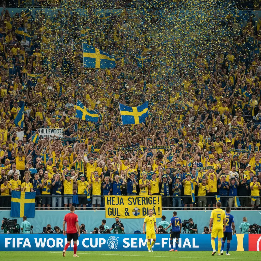Swedish football fans celebrating together in a crowded stadium