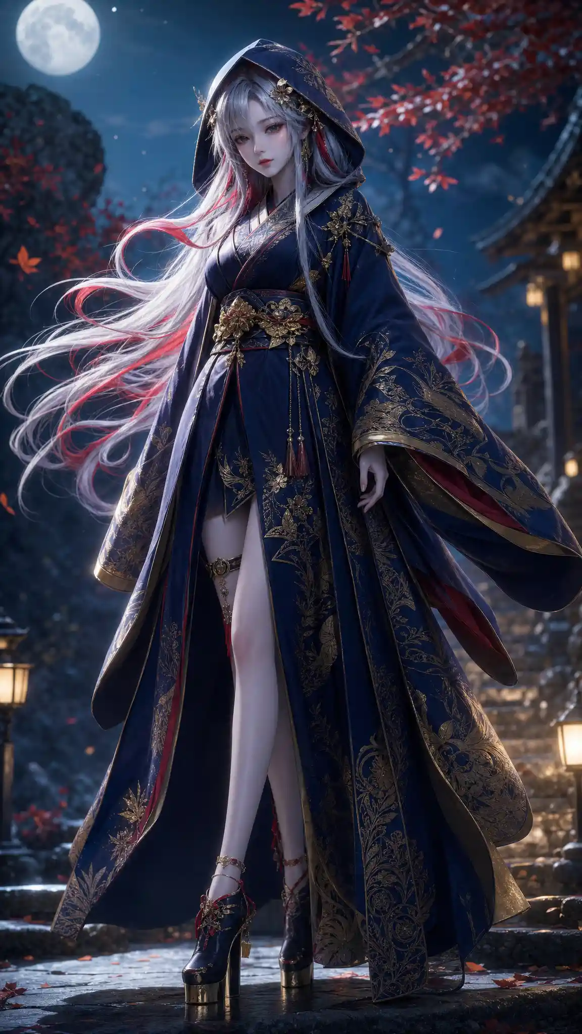Silver haired girl in blue and gold kimono style coat